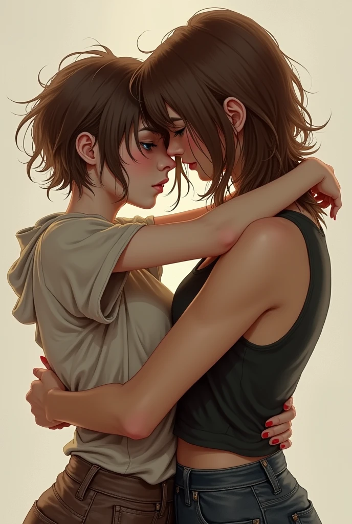 a girl with brown short hair, which is coming till her neck, with a rebellious vibe. holding/loving/kissing a sweet cute boy, with long brown straight hair. make it look very intimated and like a realistic drawing.
