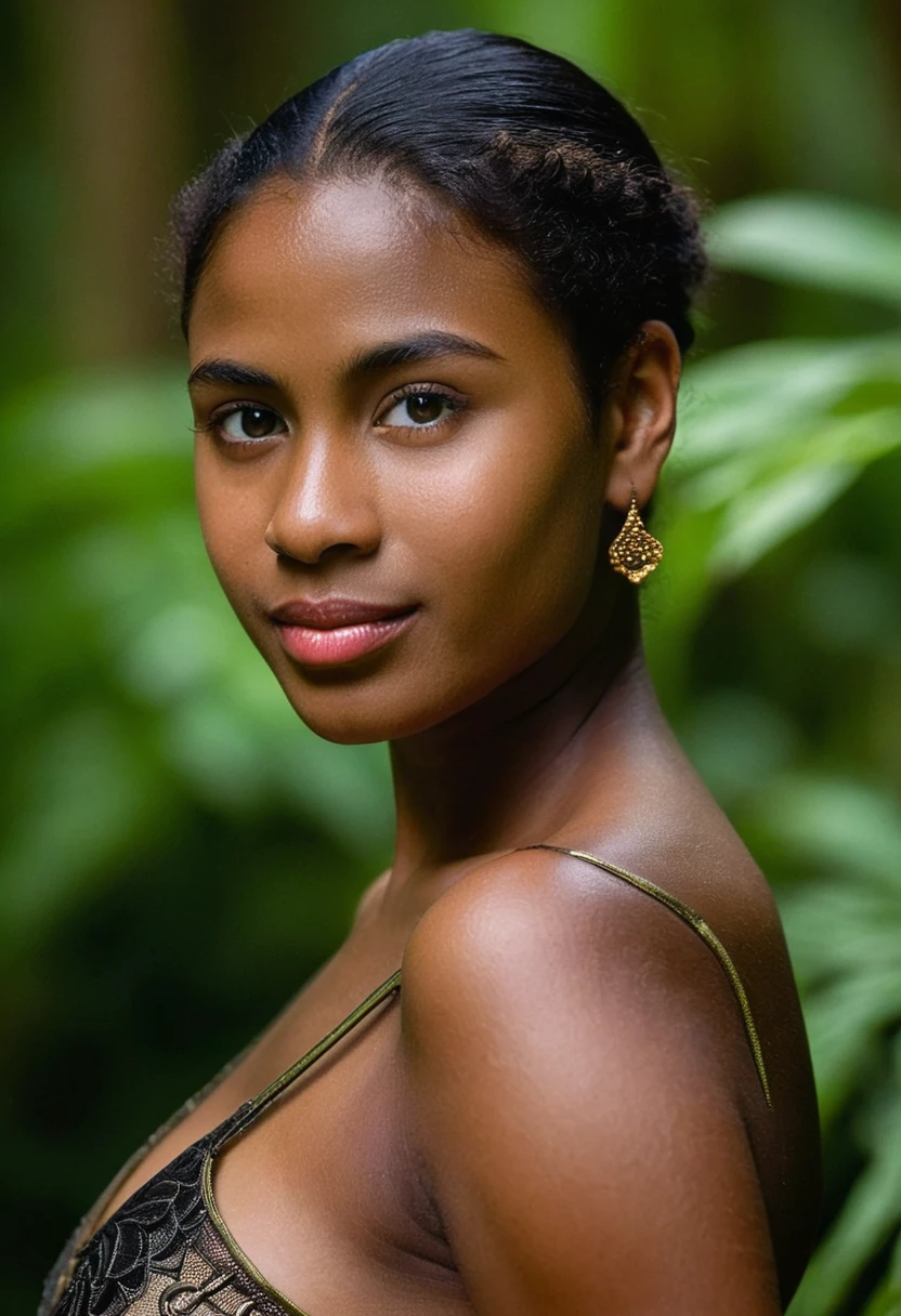 (kerala dark black teen model girl), ((dark skinned teen goddess)) ,sat on rock,  short hair, cinematic fern nature portrait,((Half Body)), ((very dark skinned teen body), (5 yeears old), (very dark nipple and areola), (voluptuous triangle shape teen), ((jut boobs)), ((nude thick dark thigh)), high heel, (petticoat), (hand on hip), ornaments, photorealistic,photo, realism, Getty Images, RAW candid cinema, Use a Sony Venice camera with a 50mm prime lens at f/1.8 to capture the shot, remarkable colour, ultra realistic, textured skin, remarkable detailed pupils, realistic dull skin noise, visible dark skin detail, skin fuzz, dry skin, shot with cinematic,light leaks, RAW Image, DOF, depth of field, High-resolution detail capturing the natural texture of the skin, including pores, fine lines, and natural highlights and shadows, Emphasize a natural, healthy glow, showcasing the beauty of real dark skin, A graceful, confident posture with a gentle smile or a serene expression