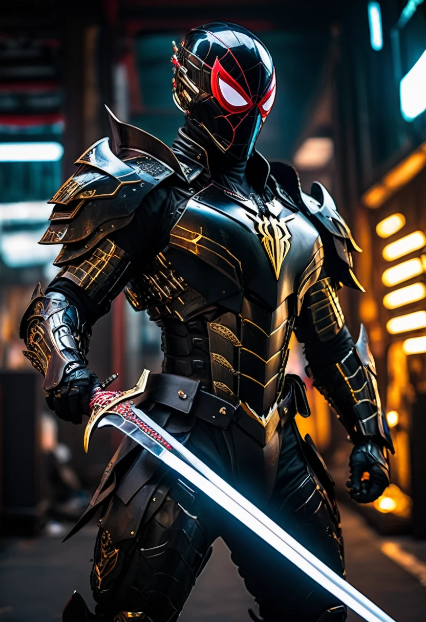 araffe dressed in a black suit holding a sword and a sword, cyborg samurai, cyber japan samurai armor, cyberpunk samurai, very beautiful cyberpunk samurai, full samurai armor spiderman, bio - mechanical ninja samurai, portrait of a cyberpunk samurai, cyber japan style armor, cyber japan armor, celtic and cyberpunk armor, black bull samurai, intricate assasin mecha armor