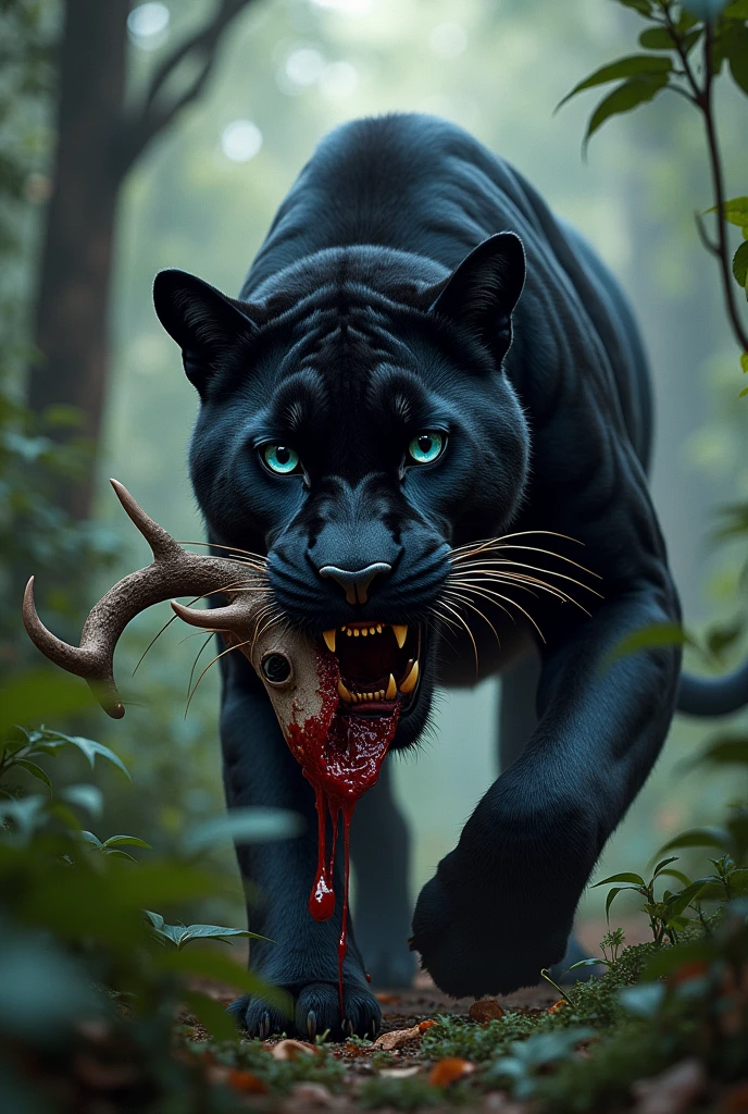 A black panther with blue eyed and holding in mouth deer head and mouth full of blood, car is passing from jungle a location is beautiful jungle with some of wild animals , car number is SMP