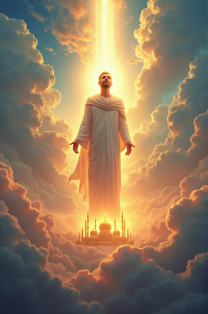 A radiant figure, representing Adam, stands in a mystical, cloud-filled landscape, with golden domes and minarets visible in the background. The figure is enveloped in a glowing light, indicating divine connection. Vibrant colors illuminate the sky, enhancing the ethereal atmosphere. At the bottom, a text caption references Surah Baqarah (Ayah 31), stating that Allah (SWT) blessed Adam (A.S.) with knowledge.