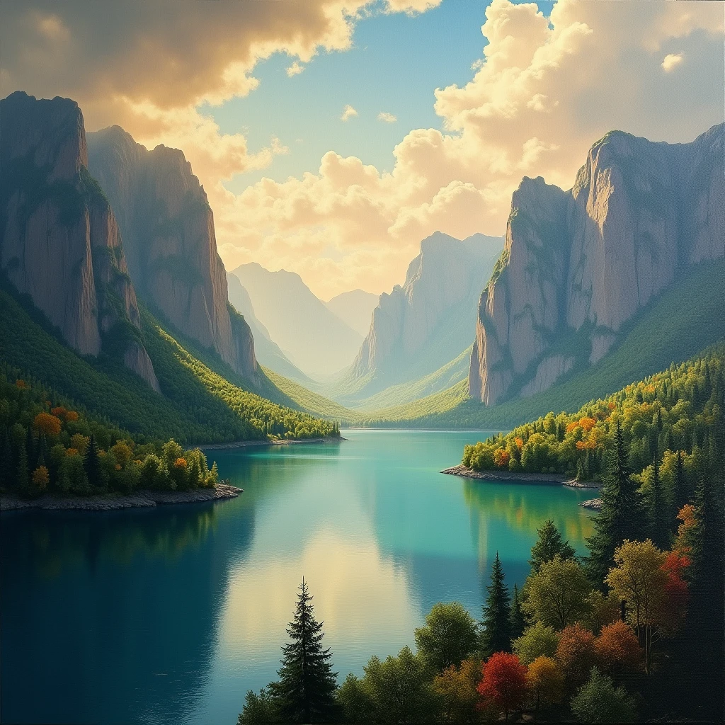 A beautiful landscape oil painting, detailed mountains and forests, serene lake, dramatic clouds, warm lighting, photorealistic, (best quality,4k,8k,highres,masterpiece:1.2),ultra-detailed,(realistic,photorealistic,photo-realistic:1.37),HDR,UHD,studio lighting,ultra-fine painting,sharp focus,physically-based rendering,extreme detail description,professional,vivid colors,landscape,dramatic,atmospheric,moody,cinematic