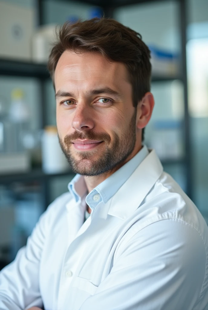 Man  ,front picture  ,  short hair , with white shirt , in a lab , profile picture