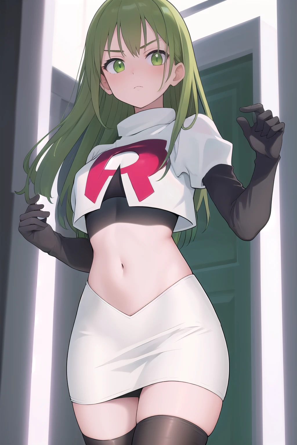 masterpiece, best quality, 1girl, solo, looking at viewer, blush, sitri, green eyes,green hair,team rocket,team rocket uniform,white skirt,red letter R,crop top,black thigh-highs,black elbow gloves