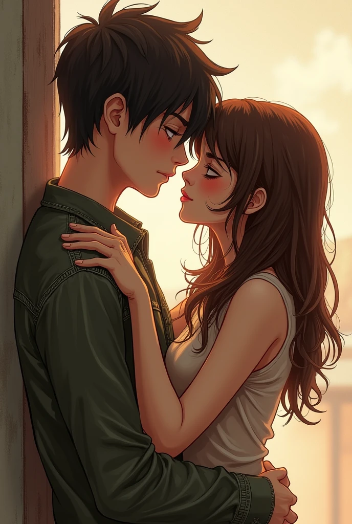 a girl with brown short hair, which is coming till her neck, with a rebellious vibe. holding/loving/kissing a sweet cute boy, with long brown straight hair. make it look very intimated and like a realistic drawing.