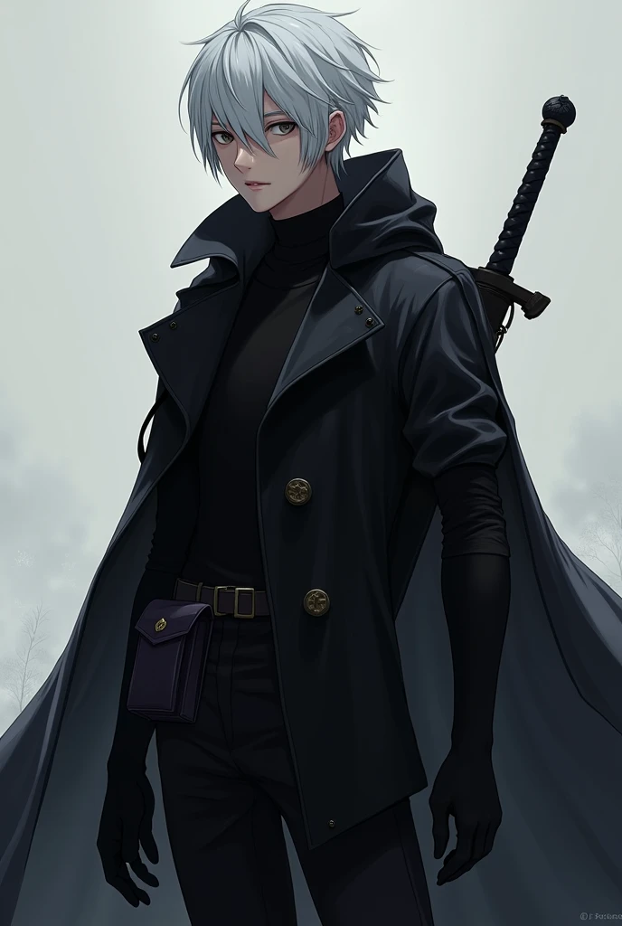 Young man, short white hair with a few black strands, bangs covering right eye, wearing black long sleeve shirt, black pants, black gloves, black long hooded coat, Sword hanging on left hip, small pouch on right hip.
