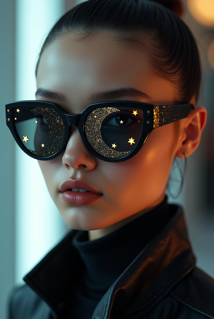 The model is wearing glass sunglasses with stars and the moon on the glass