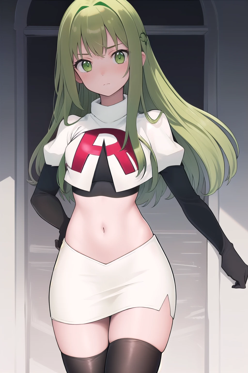 masterpiece, best quality, 1girl, solo, looking at viewer, blush, sitri, green eyes,green hair,team rocket,team rocket uniform,white skirt,red letter R,crop top,black thigh-highs,black elbow gloves