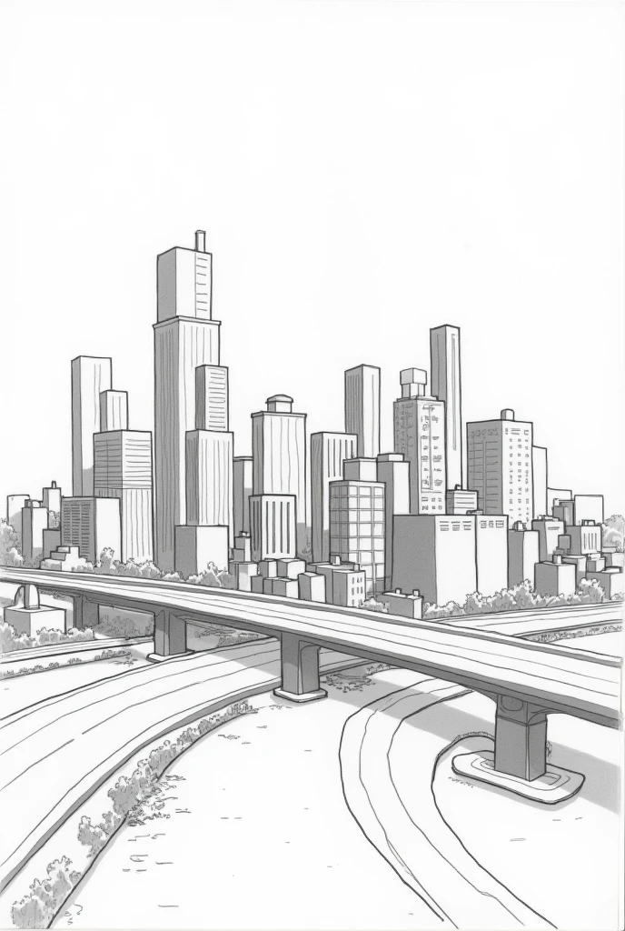 create an urban landscape on a4 paper in black and white easy to draw (that a 6th year high school student can easily draw it)