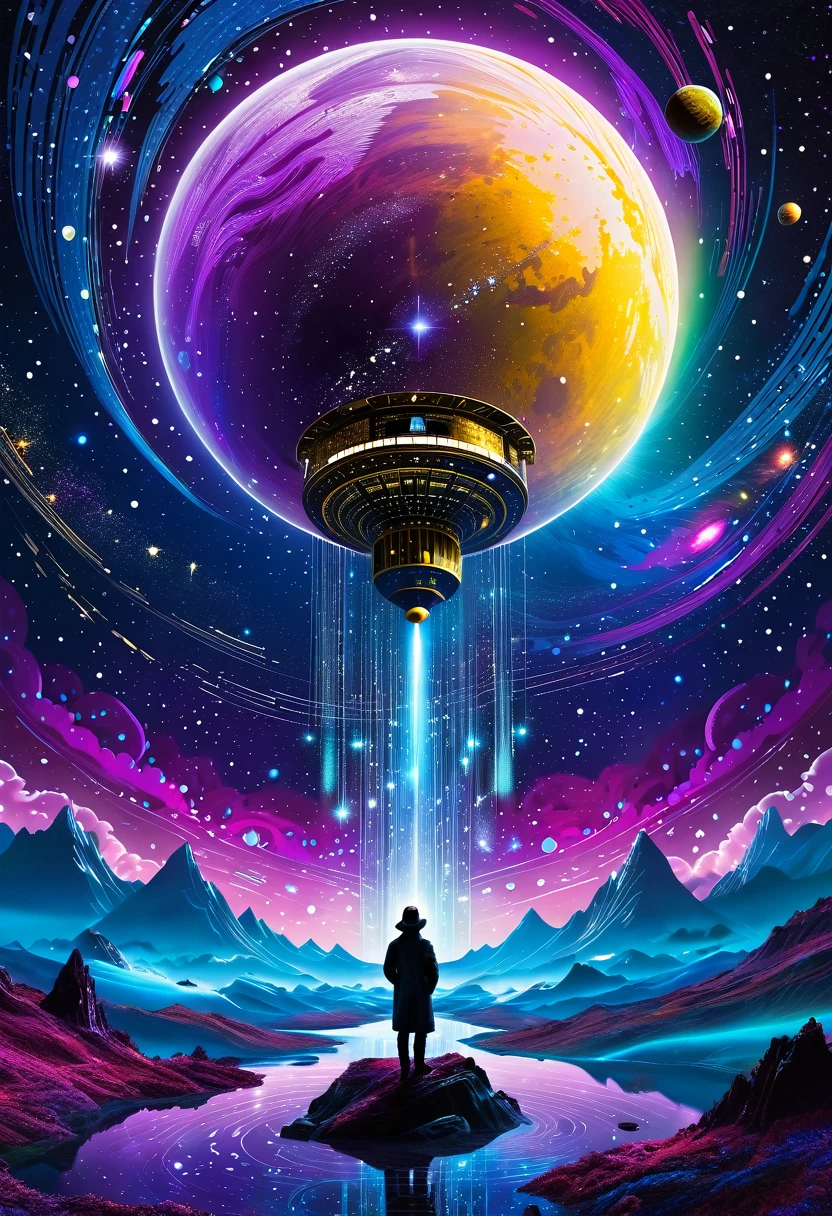 A surreal and vibrant scene featuring a satellite hovering in a cosmic landscape, embodying the "Lord of Mystery." The satellite is adorned with intricate designs inspired by Suzuki aesthetics, blending technology and artistry. Below, a rain of shimmering money cascades down, reflecting glimmers of light in a rich array of colors. The background is a blend of deep space hues—blues, purples, and blacks—interspersed with sparkling stars and nebulae. The composition should evoke a sense of wonder and intrigue, merging elements of fantasy and technology in a highly detailed digital art style. Emphasize dramatic lighting and intricate textures to enhance the mystical atmosphere.
