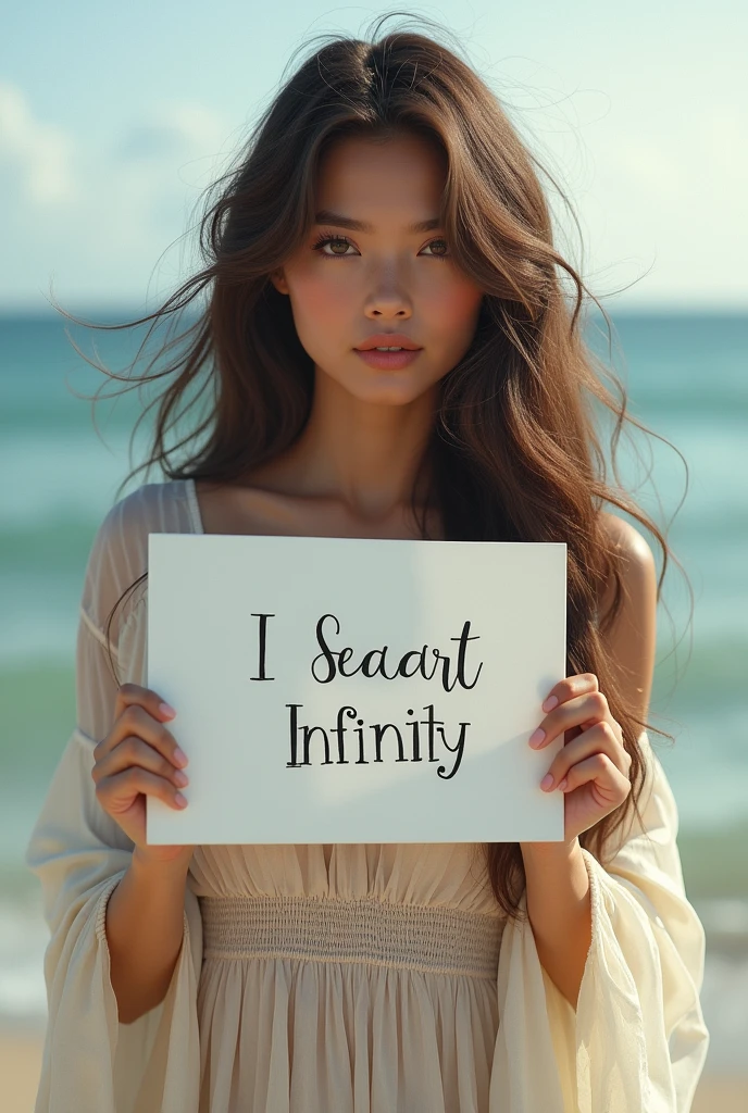 Beautiful girl with wavy long hair, bohemian dress, holding a white board with text "I Love Seaart Infinity" and showing it to the viewer