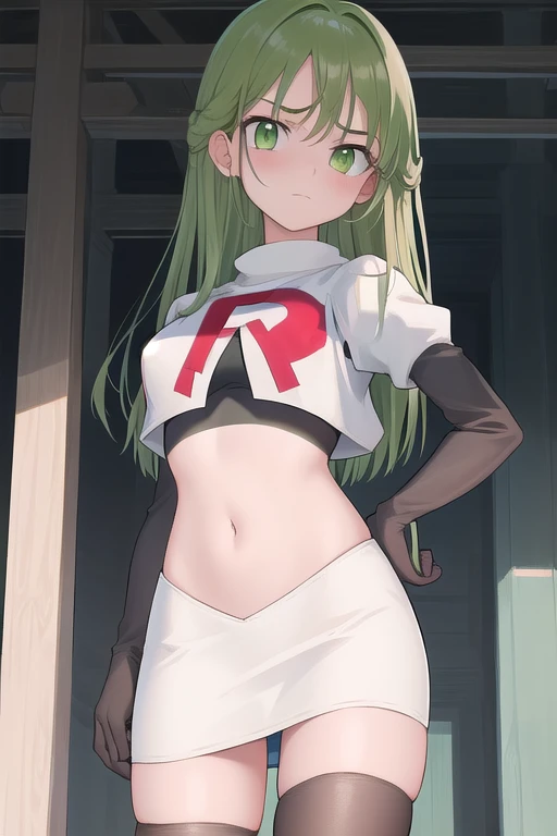 masterpiece, best quality, 1girl, solo, looking at viewer, blush, sitri, green eyes,green hair,team rocket,team rocket uniform,white skirt,red letter R,crop top,black thigh-highs,black elbow gloves