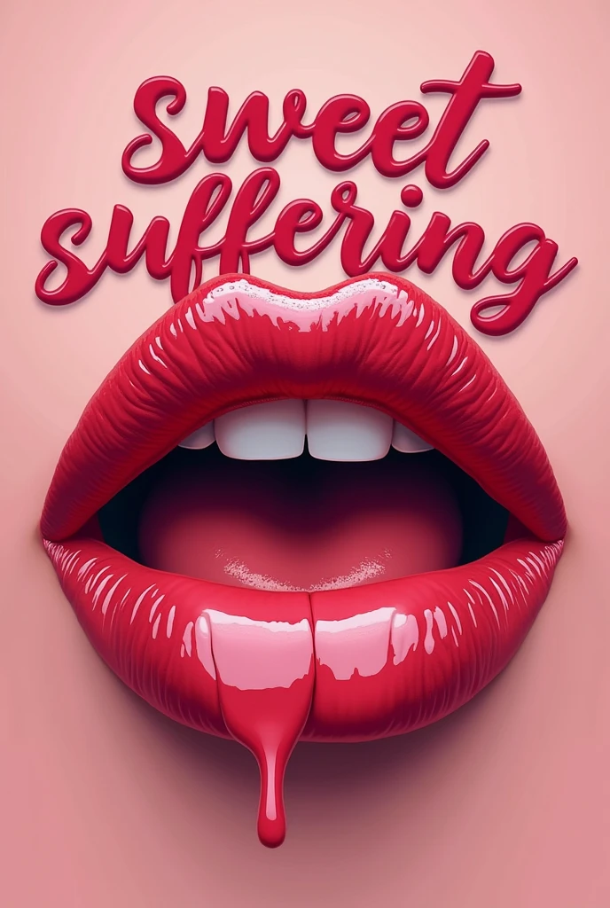 Typographic logo in the shape of red lips with pink tones, what say "sweet suffering", in 2d format and with the background typography as the protagonist.