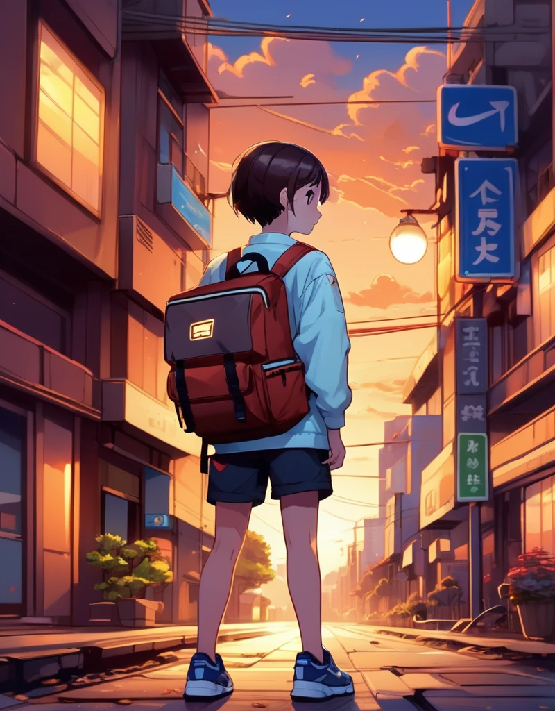 One boy, One girl, Backpack, bag, Brown eyes, building, car, city, cloud, 横断歩road, evening, 地上car両, Food, Food down, Foodie, Roffi style, Long sleeve, 自動car, Outdoor, Power lines, road, scenery, shoes, short hair, Shorts, sign, null, sneakers, Focus Only, Are standing, street, sunset, signal machine, Twilight, walk