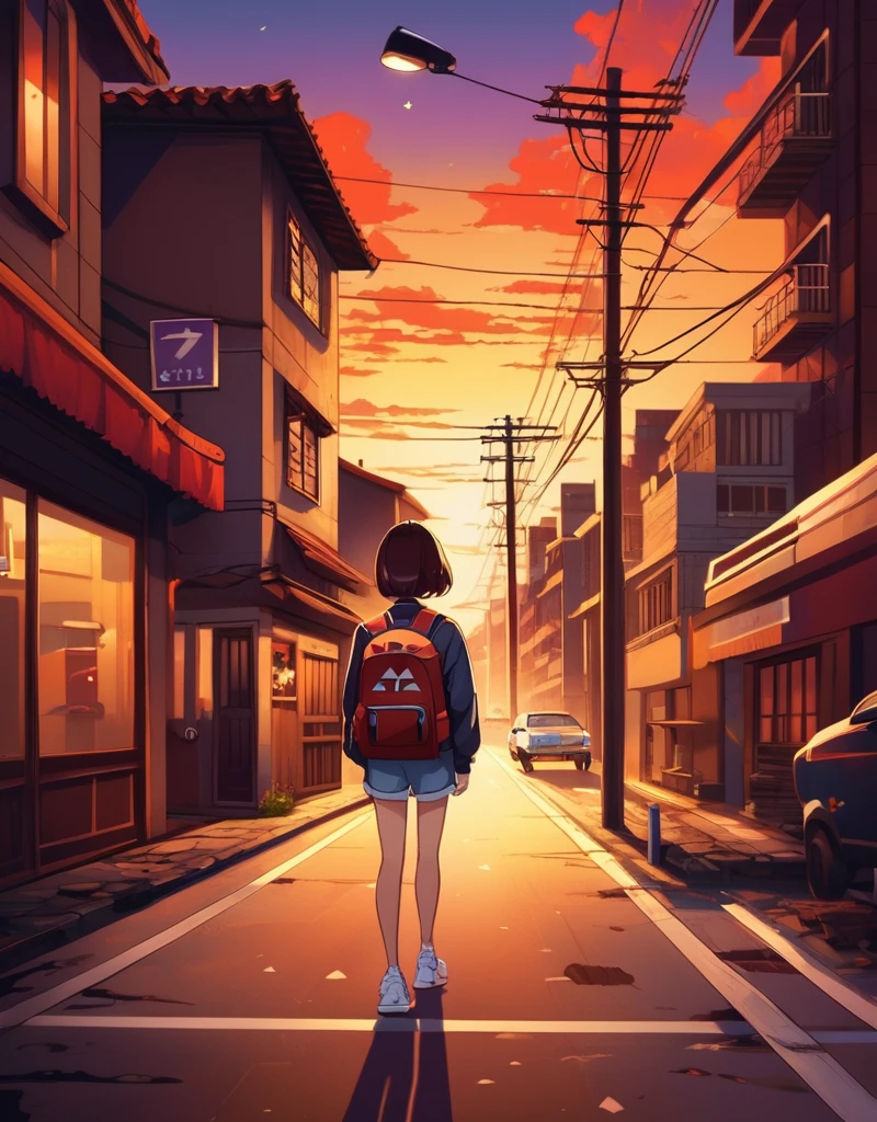 One boy, One girl, Backpack, bag, Brown eyes, building, car, city, cloud, 横断歩road, evening, 地上car両, Food, Food down, Foodie, Roffi style, Long sleeve, 自動car, Outdoor, Power lines, road, scenery, shoes, short hair, Shorts, sign, null, sneakers, Focus Only, Are standing, street, sunset, signal machine, Twilight, walk
