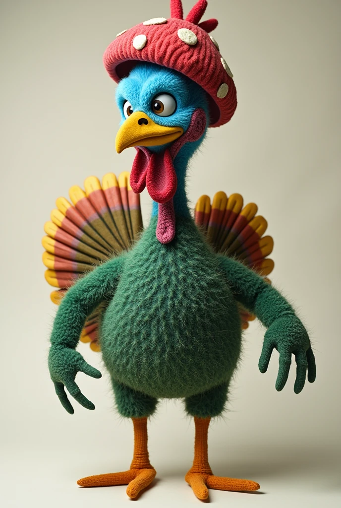 He has the body of a turkey, the arms of a human, the head of a blue cactus, and he wears a mushroom hat and chicken wings.