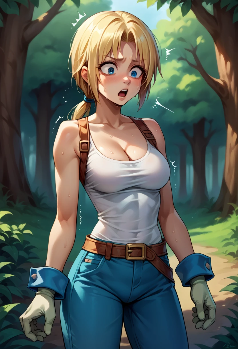 score_9, score_8_up, score_7_up, (female:1.5), 1girl solo, female focus, female body, skinny, zidane, blonde hair, medium hair, blue eyes, monkey tail, low ponytail, parted bangs, gloves, blue pants, standing, shocked, shaking, sweating, opened shirt, cleavage, looking down , deep forest