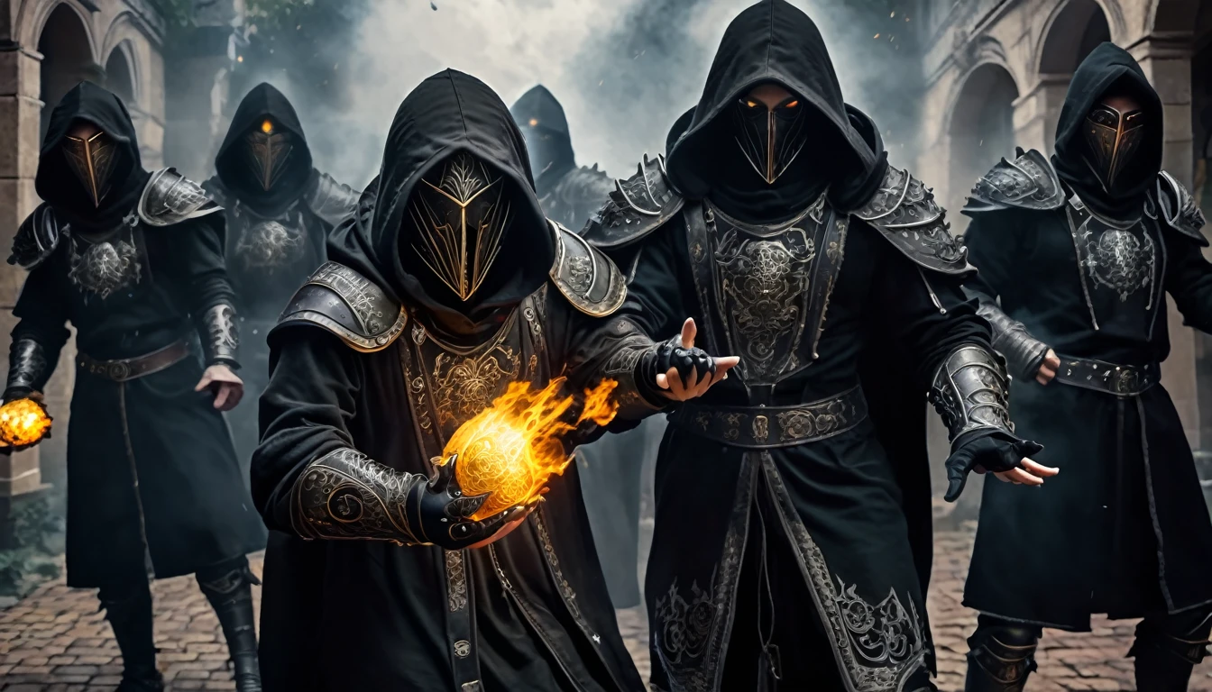 Several battle mages, closed helmets, heavy armor, fireball spells, storm, dark fantasy, dark Middle Ages, storming the mansion, one necromancer in a black hoodie, No anomalies, realistic fingers