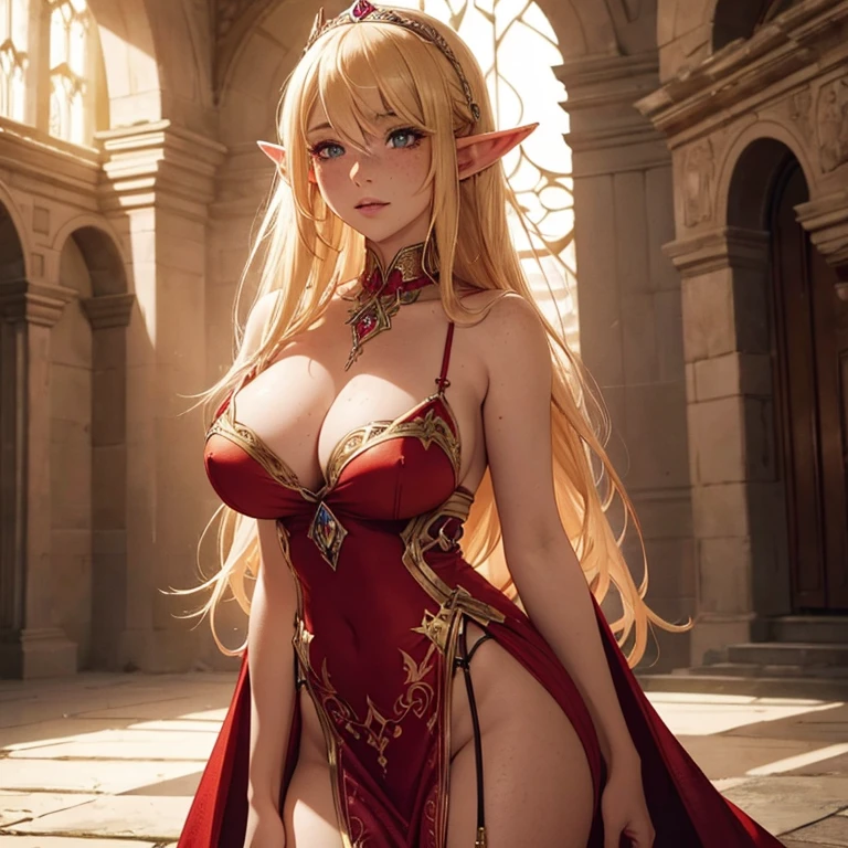 a beautiful blonde woman with elf ears and freckles, ruby crown, seductive dress highlighting large breasts, elf castle setting, intricate details, photorealistic, 8k, high resolution, vivid colors, dramatic lighting, fantasy art