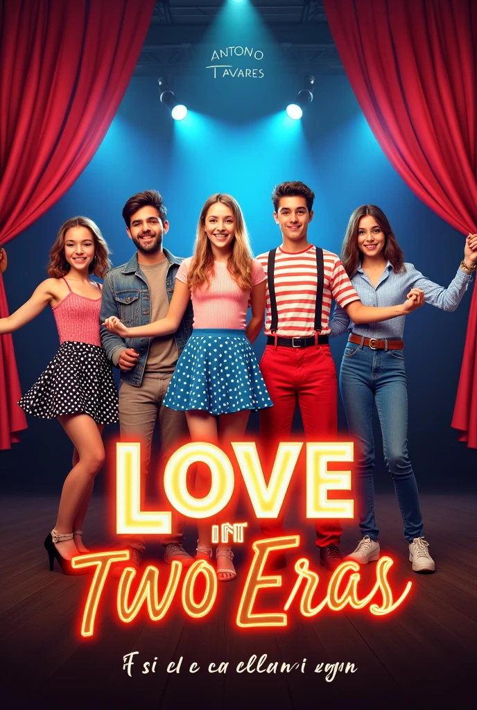 An image to put on a poster of a play from the 60s with the name in Portuguese: &#39;Love in Two Eras&#39;: An Eternal Song - The Musical&#39; written above and with the girls in polka dot skirts and the boys dressed in the 60s. and written below: A production by Antonio Tavares