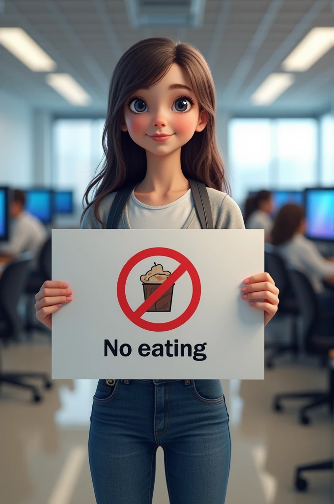 Create an image with a girl showing a class rule that says no eating is allowed in the technology lab.