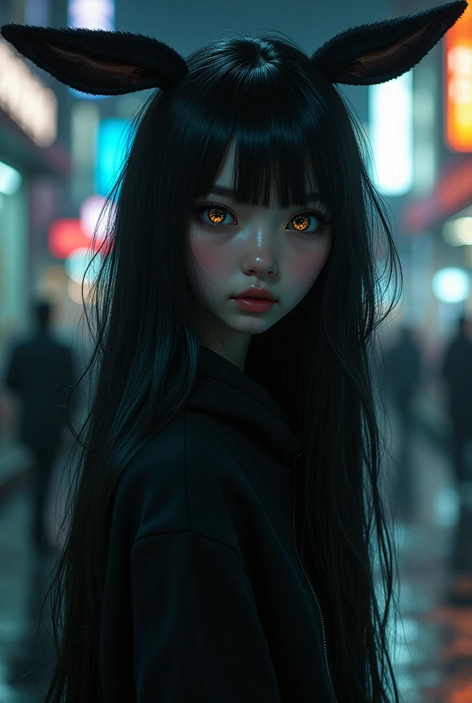 1 girl、masterpiece, highest quality, very detailed、black hair、long hair without bangs、Shiny flowing hair、black eyes、Tree eyes、black colored hoodie with bunny ears, black skirt、black thigh high tall boots with heel、diagonal angle、midnight、Background of the city