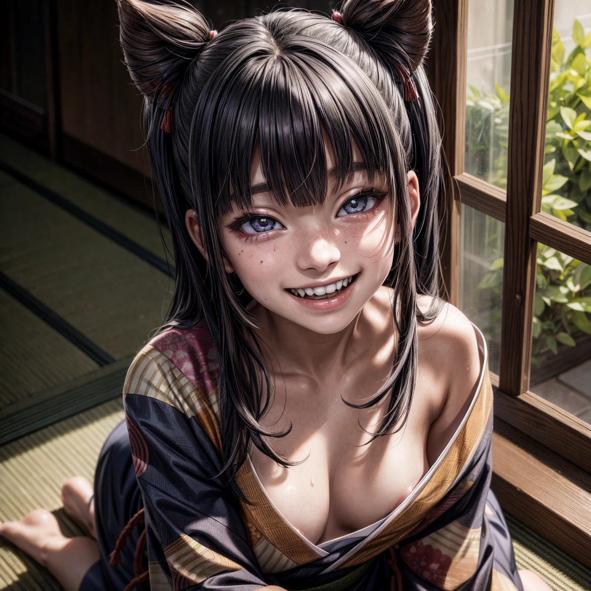 hyper realistic, young japanese girl, ((bad crooked teeth)) , ((yaeba teeth  smile )), ((wearing a kimono)),((Giving off a seductive smile))