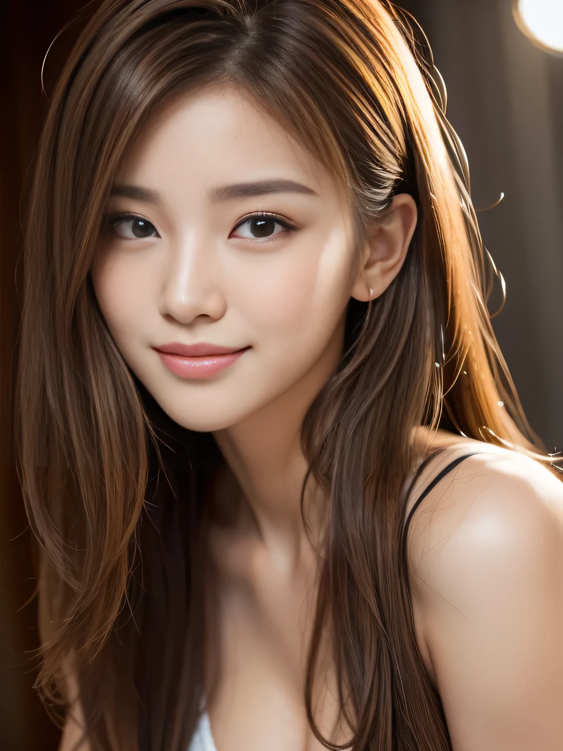 masterpiece, best quality, ultra-detailed, intricately detailed hyperdetailed, realistic, sharp features, highly detailed, sharp focus, Realistic, Photorealistic:1.3, (19 years old:1.3), perfect face, perfect symmetrically eyes, perfect full lips, hyper detailed, hyper realistic, high resolution, beautiful young korean woman, Slender, brown hair, Stylish, model poses, Beautiful Face, light brown hair, messy hair, Beautiful hairstyle, (seductive smile:1.2), (looking at viewer), cinematic lighting, White background,