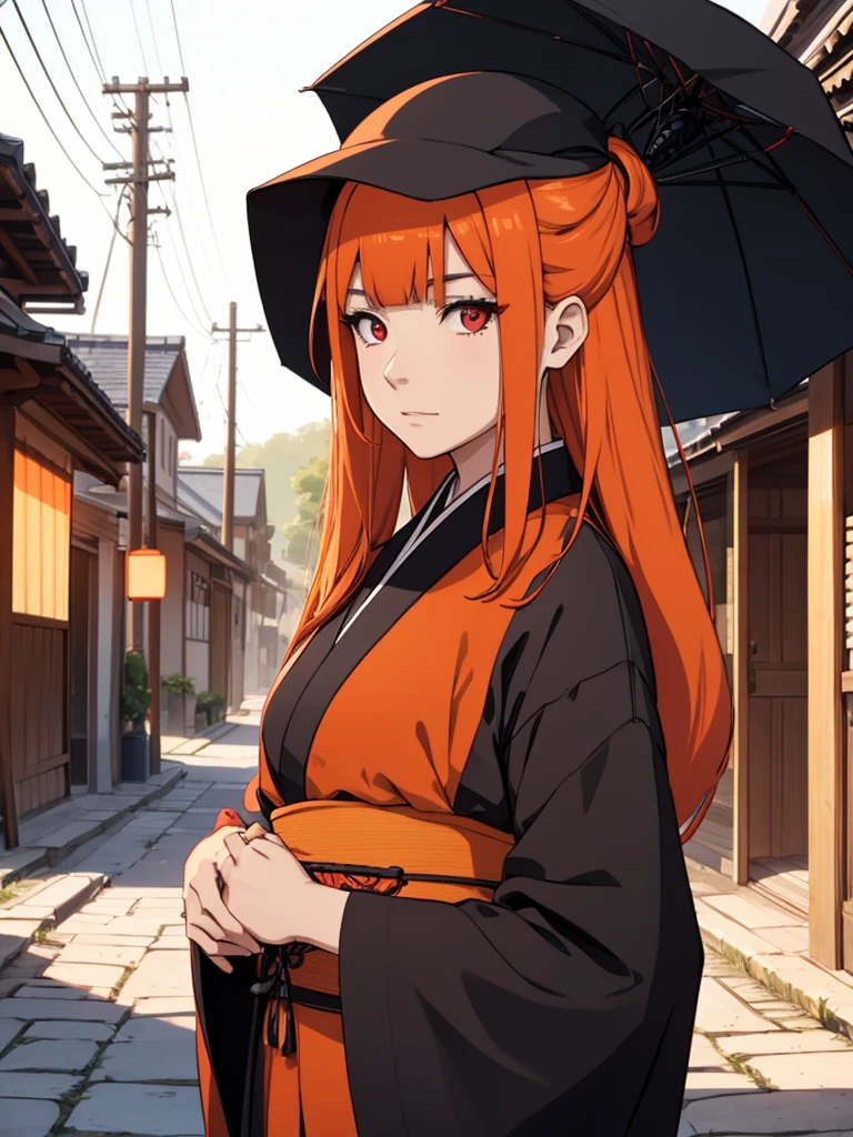 (Sasame), 1girl, wearing a black colour long Japanese kimono, in a village, orange colour hair, 8k, high detailed, high quality, red eyes