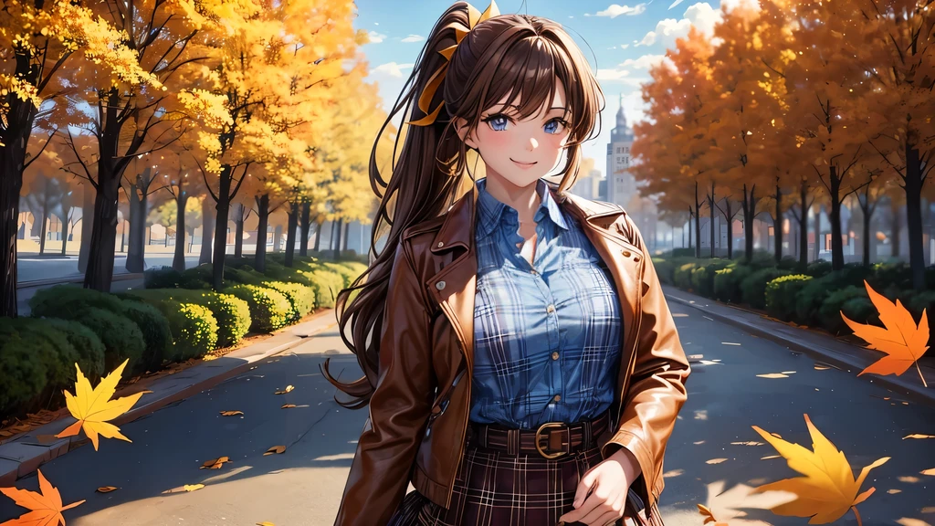 1girl, solo, trees, sun, clouds, autumn, colorful trees, falling leaves, ((brown hair)), ponytail, large breasts, ((brown leather jacket)), button down shirt, ((blue checked shirt)), ((unbuttoned shirt)), unbuttoning buttons, cleavage 1:3, blue eyes, long skirt, brown boots, smile, happy, looking at the viewer, walking, hair ribbon, golden necklate