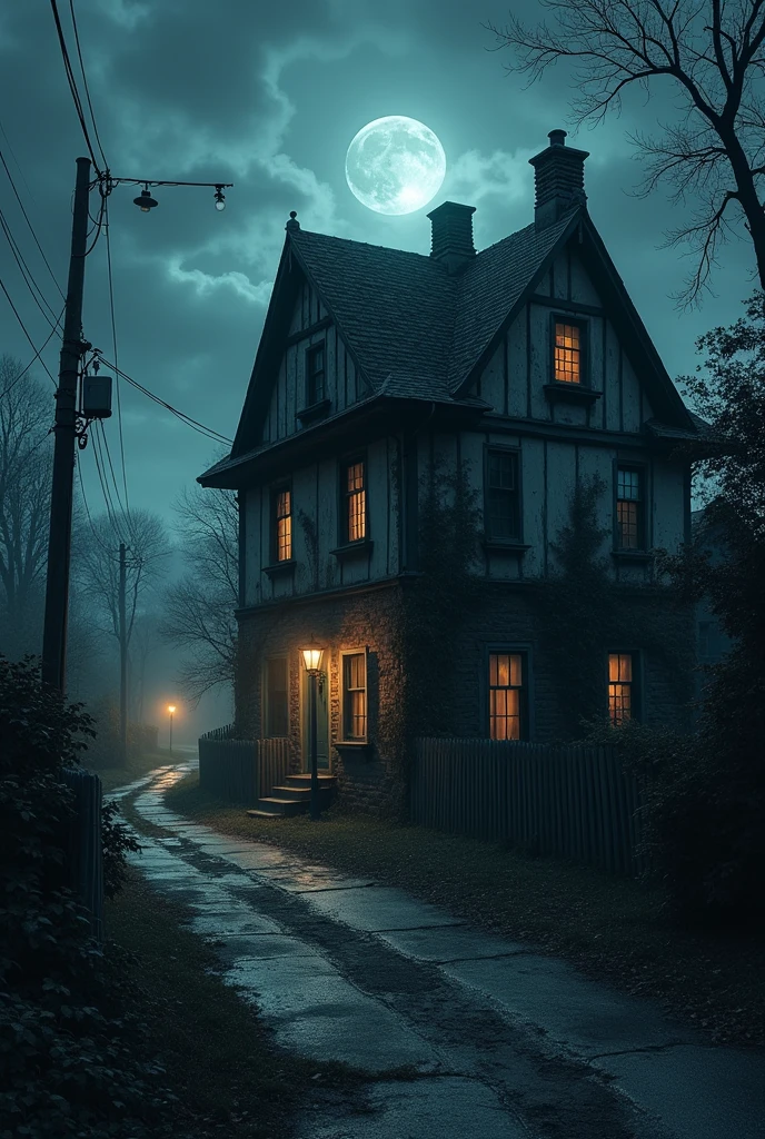 A small forgotten town night time with close up on a haunted house