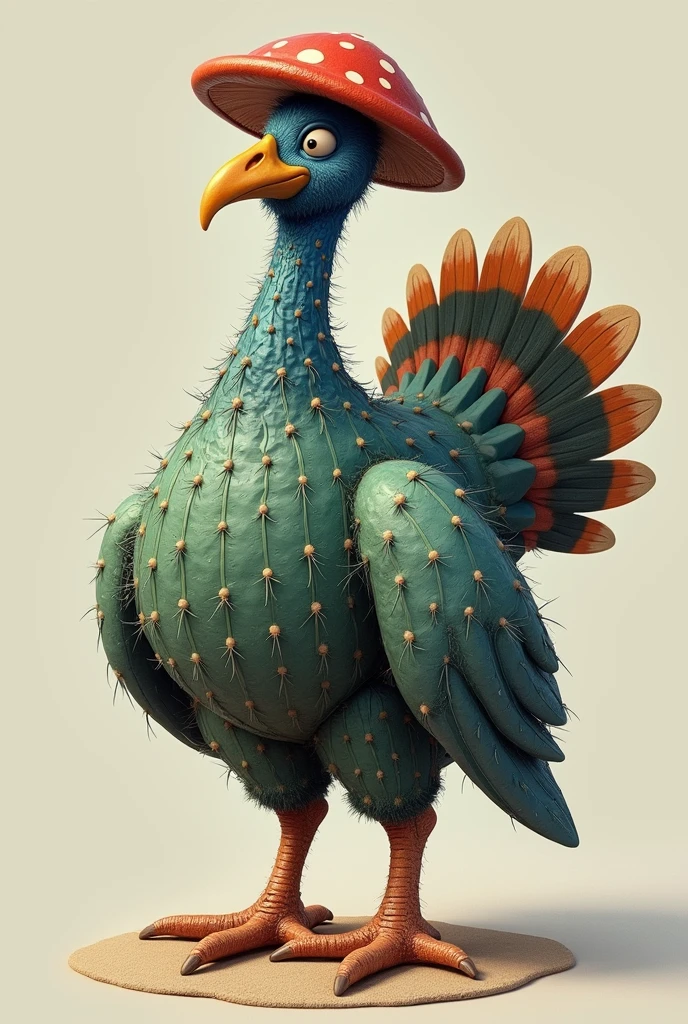 He has the body of a turkey, the arms of a human, the head of a blue cactus, and he wears a mushroom hat and chicken wings.