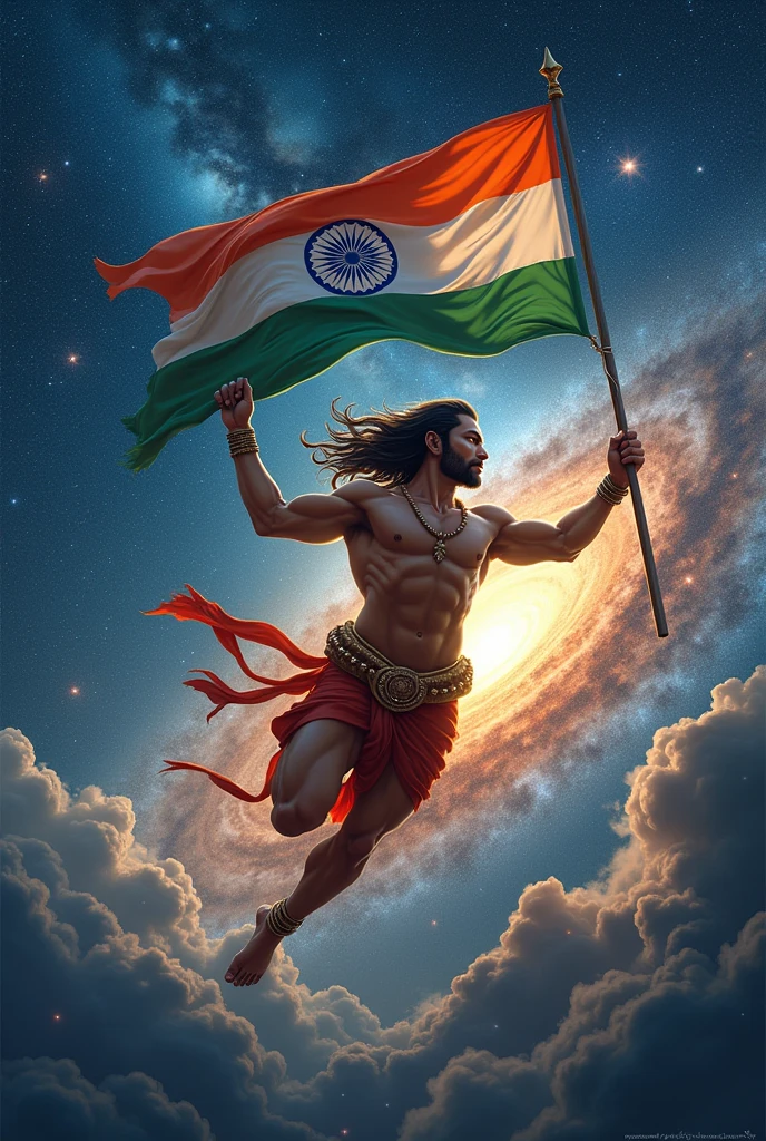 हनुमान जी हाथ में भारत का झंडा लिए हुए तेज गति से चांद की ओर उड़ रहे आकाशगंगा में एक विमान भी है