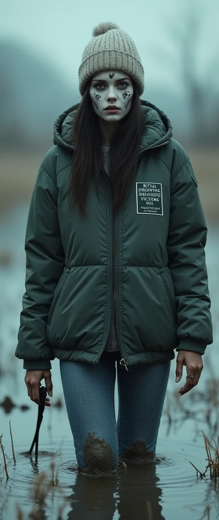 woman, zipped small sport down jacket, information pointer "RITUAL DROWNING PLACE VICTIMS ONLY", flared jeans, stuck in bog,pale ethnic patterns ritual makeup, warm hat, collar only, cold 