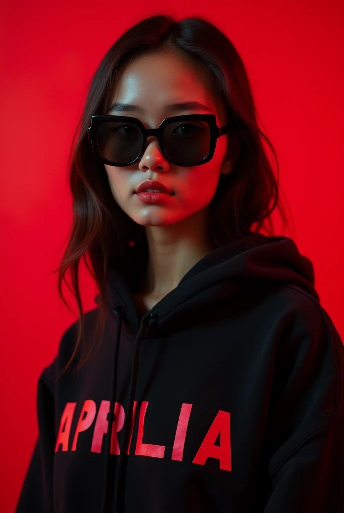 beautiful girl from indonesia aged 17 years.wearing a black hoodie wearing sunglasses.with a beautiful style like an Indonesian model.divine red background and a hint of thin smoke.displays "APRILIA" on his clothes.detailed creation with bold font