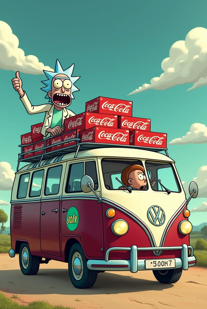 A dark burgundy and white minibus with a green round Flaschenpost emblem on the side of the Citroën is carrying many boxes of Coca-Cola, Rick and his nephew Morty are sitting behind the wheel and are sticking their hand out the side window and showing a thumbs up like. Rick and Morty cartoon style image