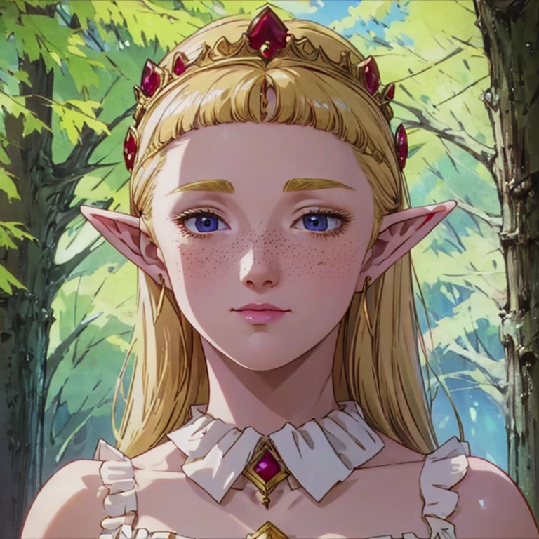 A beautiful blonde woman with elf ears and freckles, wearing a ruby crown, intricate details, delicate facial features, porcelain skin, piercing eyes, elegant pose, fantasy forest background, soft lighting, warm color palette, cinematic composition, highly detailed, photorealistic, masterpiece