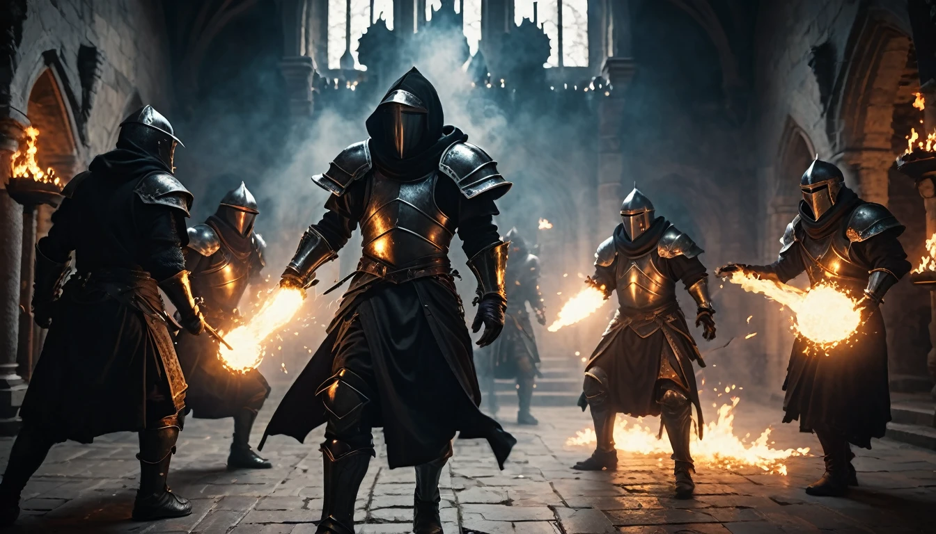 a group of battle mages in heavy armor, closed helmets, casting powerful fireball spells, storming a dark fantasy mansion in a grim middle ages setting, one necromancer in a black hoodie, hyper-realistic, cinematic, dramatic lighting, moody atmosphere, detailed textures, sharp focus, 8k, high quality