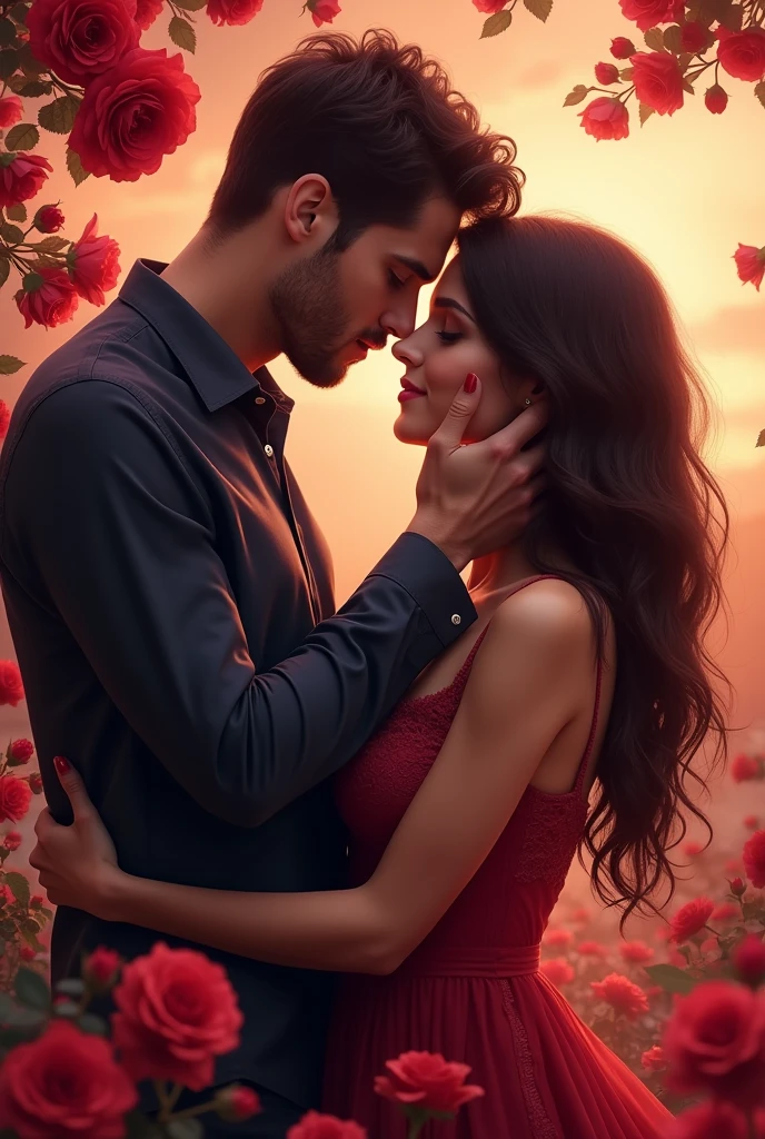 Create a cover for a romance ebook. The cover should feature a passionate couple without showing their faces, with the man gently holding the woman's face, set against a beautiful landscape of roses.

