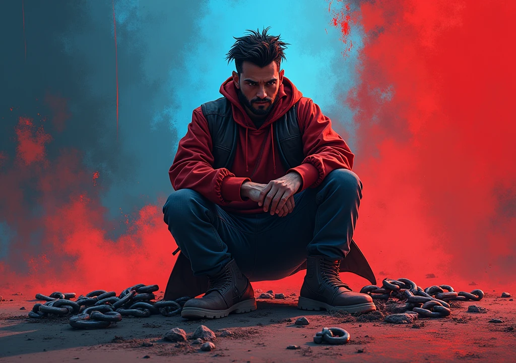 : Une personne travaillant dur, with strong colors (red blue). Adds a symbol of discipline like broken chains.
---