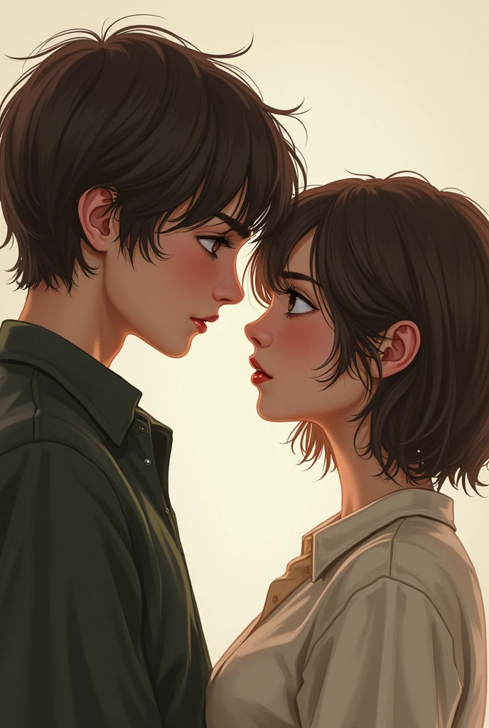 a sweet cute boy, with long brown straight hair. make it look very intimated and like a realistic drawing. looking with mesmerizing eyes, a girl with brown short hair, which is coming till her neck, with a rebellious vibe.