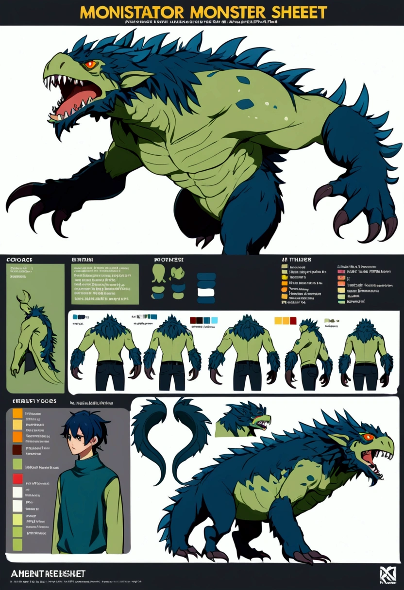 anime russian monster boy Design a detailed character reference sheet