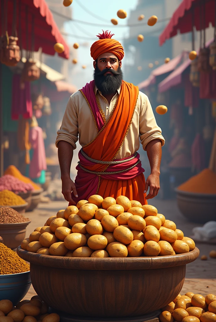 Picture Adam character from free fire game the selling potatoes in a lively Indian market. He is dressed in a vibrant Indian attire Kurta Dhoti and a turban. His imposing figure stands behind a stall brimming with fresh potatoes, surrounded by a bustling market.