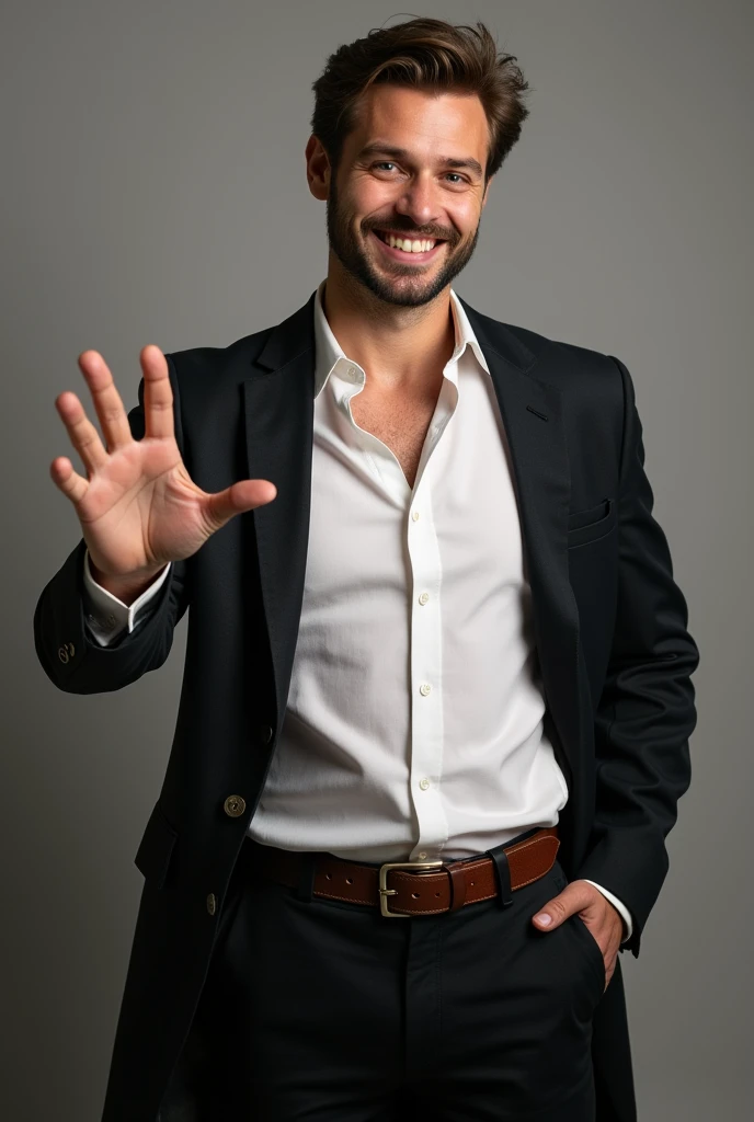 PICTURE REALISTIC, a man with his hand extended forward, as if asking, wearing a formal blouse and coat, showing from the waist up, smiling and looking forward