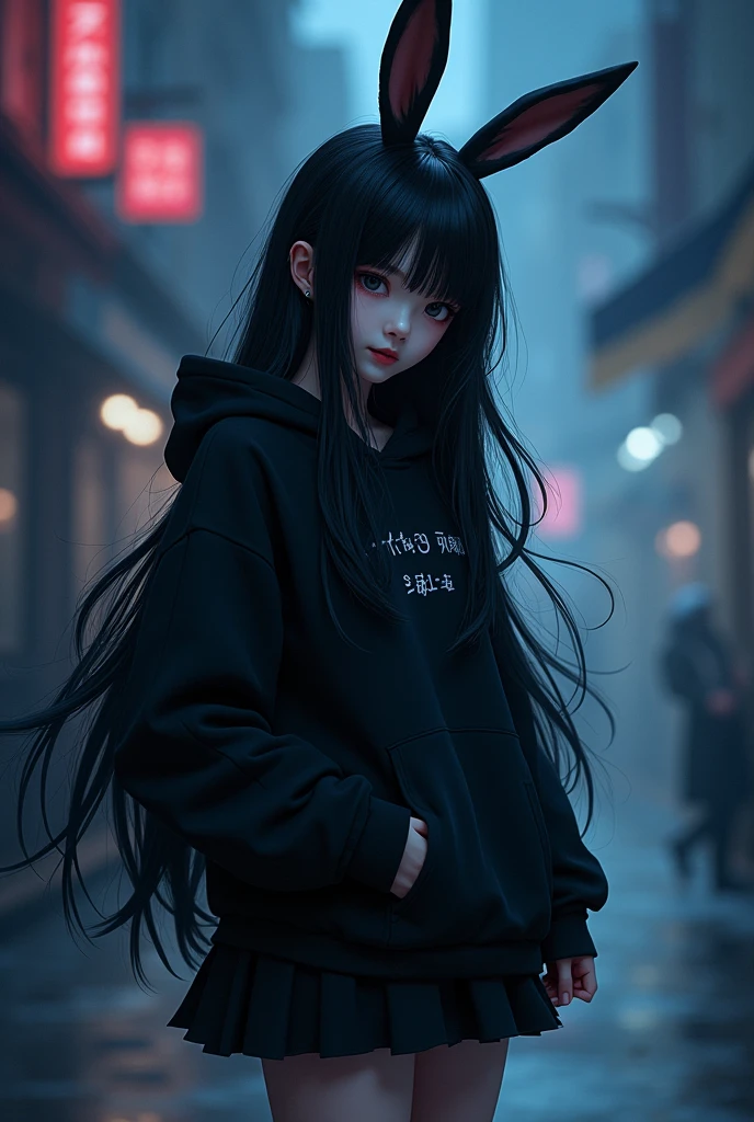 1 girl、masterpiece, highest quality, very detailed、black hair、long hair without bangs、Shiny flowing hair、black eyes、Tree eyes、black colored hoodie with bunny ears, black skirt、black thigh high tall boots with heel、diagonal angle、midnight、Background of the city