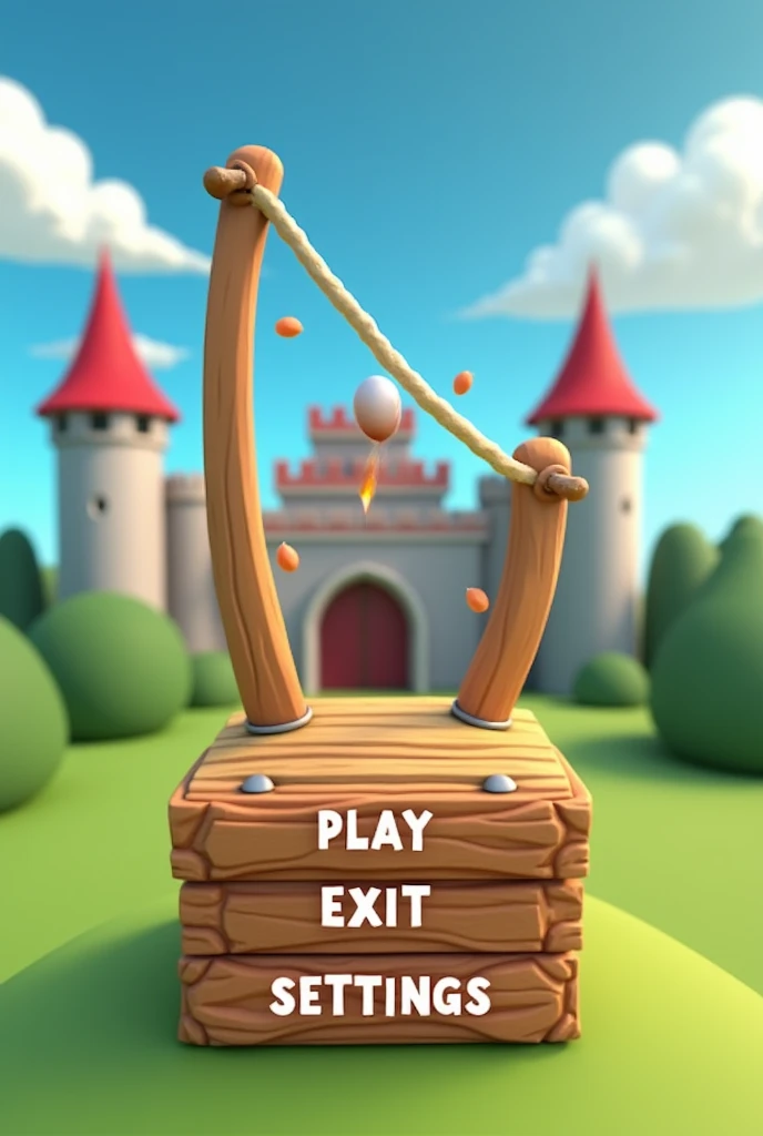 The user interface for the game with a resolution of 1920x1080 is about a slingshot and the castles into which it throws projectiles. 3d shapes in low poly style. Buttons - Play, Exit, Settings - in wooden colors with a metal frame