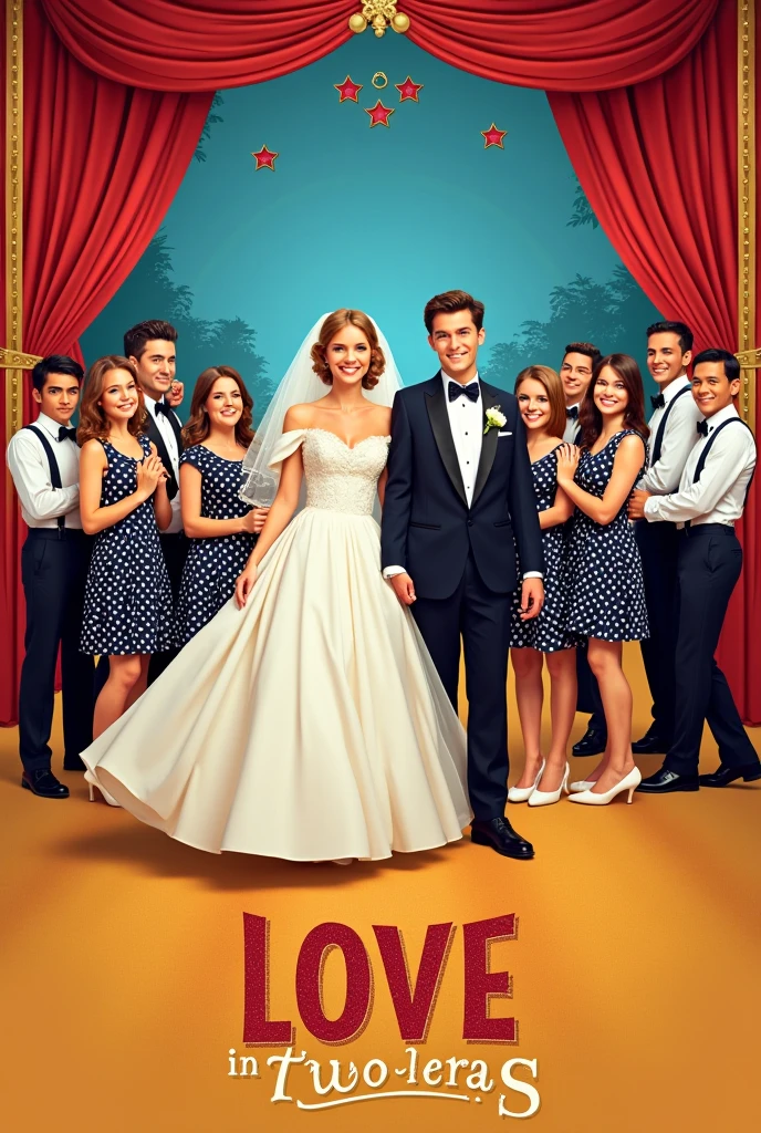 An image to put on a poster of a play from the 60s with the name in Portuguese: 'Love in Two Eras': An Eternal Song - The Musical' written above and with the girls in polka dot skirts and the boys dressed in the 60s, behind the main couple getting married. and written below: A production by Antonio Tavares