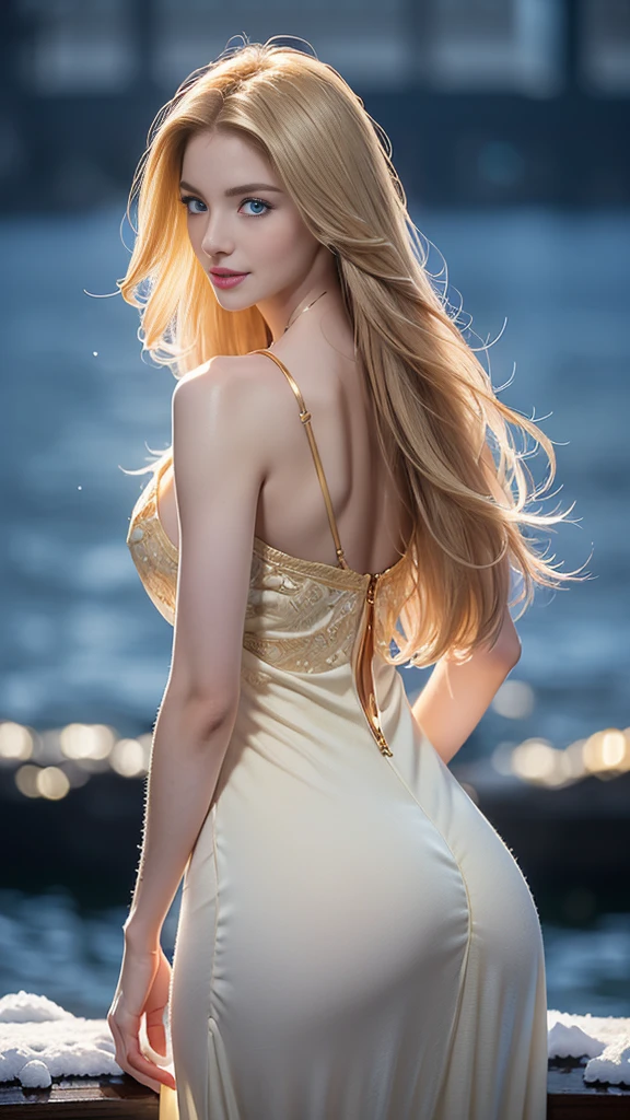8K, Top Quality, Intricate Details, Ultra Detail, Ultra High Resolution, Masterpiece, ((from behind)), Slender, Smile, (Makeup: 0.4), (Fluffy Blue Eyes: 1.21), blue Eyes, looking at background, ((full body)), 1girl, solo, 1 girl, (( full body)), close up shot, standing , ((tall)), (((fit body))), (((slim face))), sharp face, sharp eyes,, ((( golden hair, very long hair, )), (((maxi dress)), (detailed face), sharp face, small lips, (()), detailed face, detailed breast, , large breast, detail ass, big ass, round ass , Beautiful girl with accentuated slender abs: 1.4, Six Pack Abs: 1.4, Bust Botox, Big, Perfect Body, detail leg, (( moonlight)), in the snow