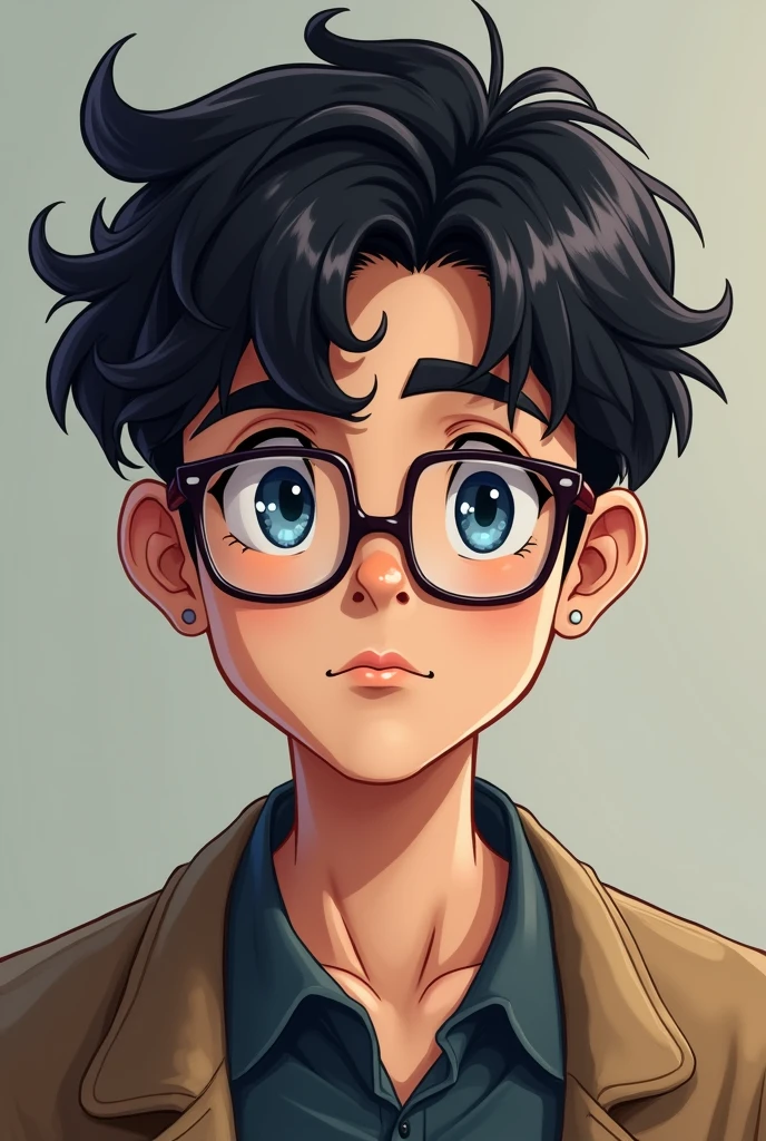 20 year old man had blue eyes and slightly curly black hair with a pair of glasses perched on the bridge of his nose
