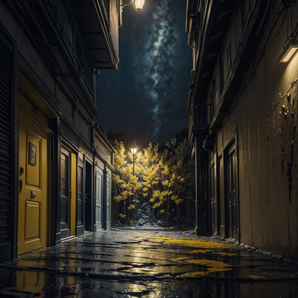 High relief with plaster oil painting made by Jerwmy Mann at an alley on a nightmare pretty surreal at night, deep grey and black blue and golden yellow, 4D, 8K, photorealistic, dreamlike, big and complex composition storytelling, masterpiece, Impressionism